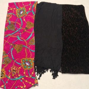 3 women’s fashion scarves, pink, black, cheetah